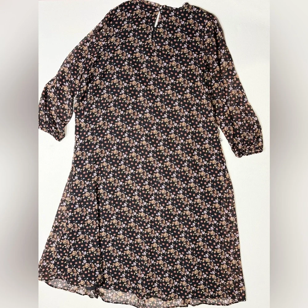 Ann Taylor Black Floral Long Sleeve Dress Boho Cottagecore Size Large Petite - Picture 2 of 10
